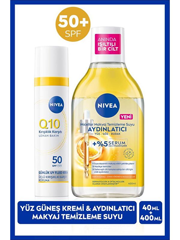 NIVEA Q10 SPF50 Güneş Koruyucu Yüz Bakım Kremi 40ml ve Aydınlatıcı Micellar Makyaj Temizleme Suyu 400ml