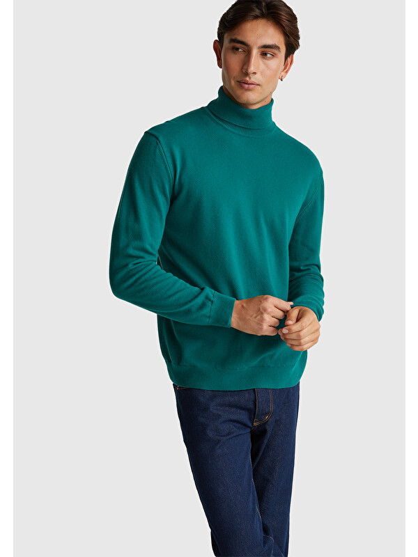 United Colors Of Benetton Erkek Yeşil %100 Merino Boğazlı Kazak