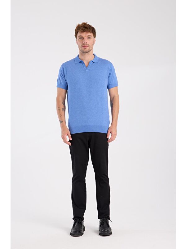 ABBATE Aclub Alfa Örme Kumaş Viskon Karışımlı Slim Fit Saks Polo Yaka Erkek Düz Polo Shirt