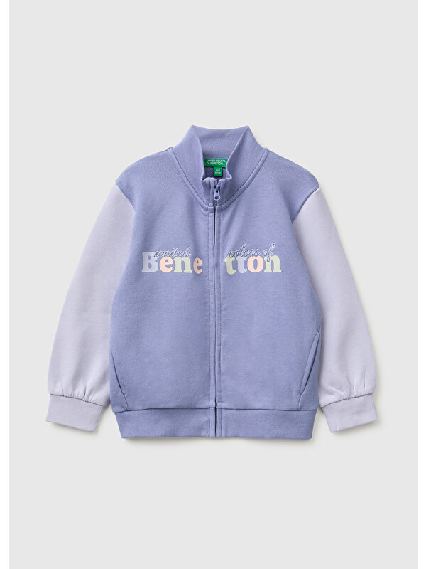United Colors Of Benetton Kız Bebek Mor Önü İşlemeli Ribanalı Boğazlı Fermuarlı Dik Yaka Sweatshirt