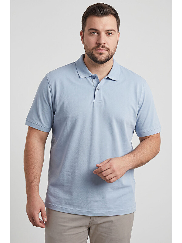Tommylife Buz Mavi Polo Yaka Büyük Beden Battal Erkek T-Shirt - 88511
