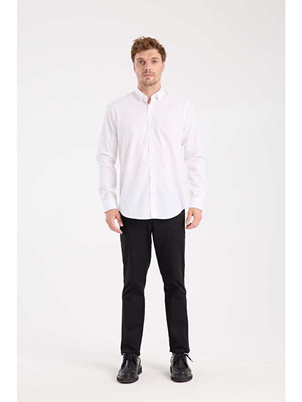 ABBATE Aclub Ac10107 Poplin Pamuk Karışımlı Slim Fit Beyaz Düğmeli Yaka Erkek Düz Gömlek