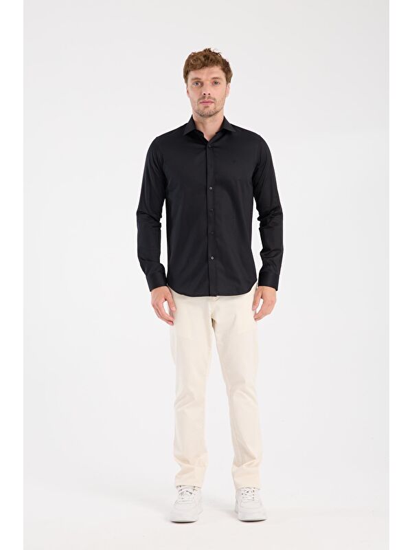 ABBATE Aclub Ac10106 Saten Pamuklu Slim Fit Siyah Klasik Yaka Erkek Düz Gömlek