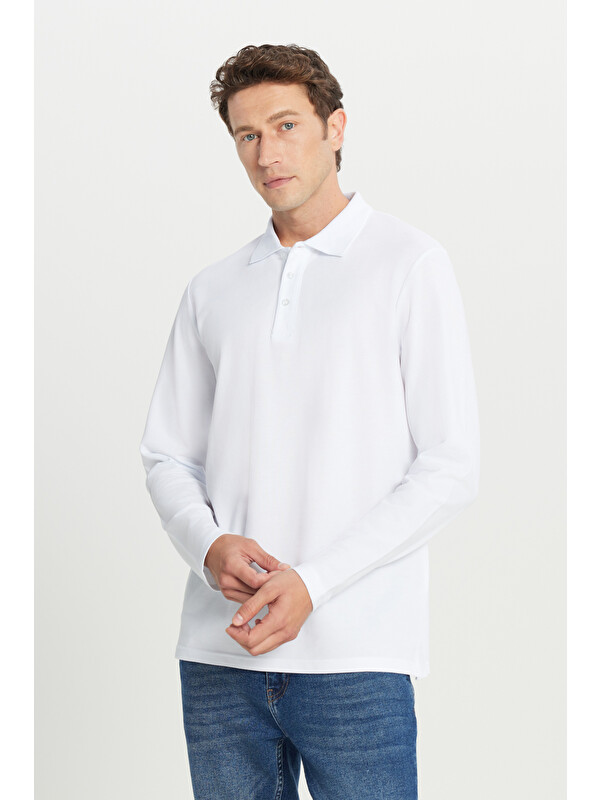 AC&Co / Altınyıldız Classics Erkek Beyaz %100 Pamuk Standart Fit Normal Kesim Polo Yaka Sweatshirt