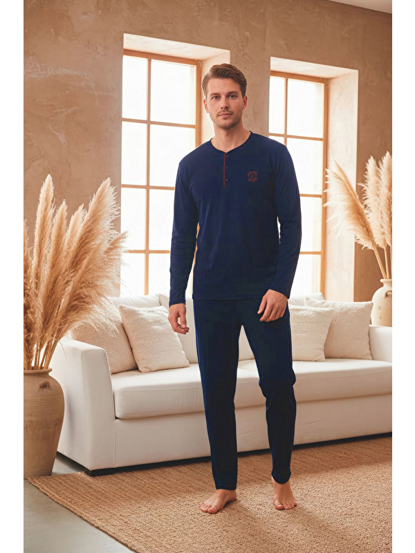 Kompedan Erkek Uzun Kollu 4 Mevsim Penye Süprem Önü Patlı Pijama Takımı | Lacivert 802