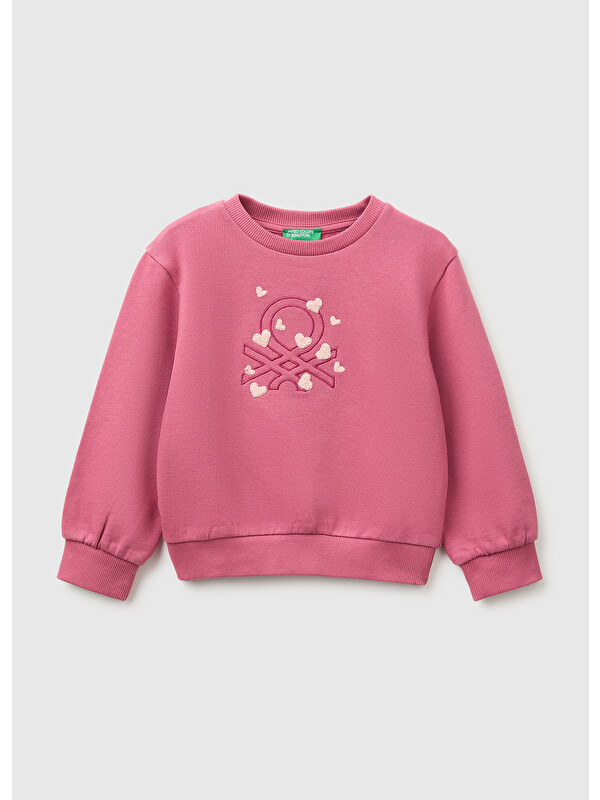 United Colors Of Benetton Kız Bebek Fuşya Önü İşlemeli Uzun Kollu Bisiklet Yaka Sweatshirt