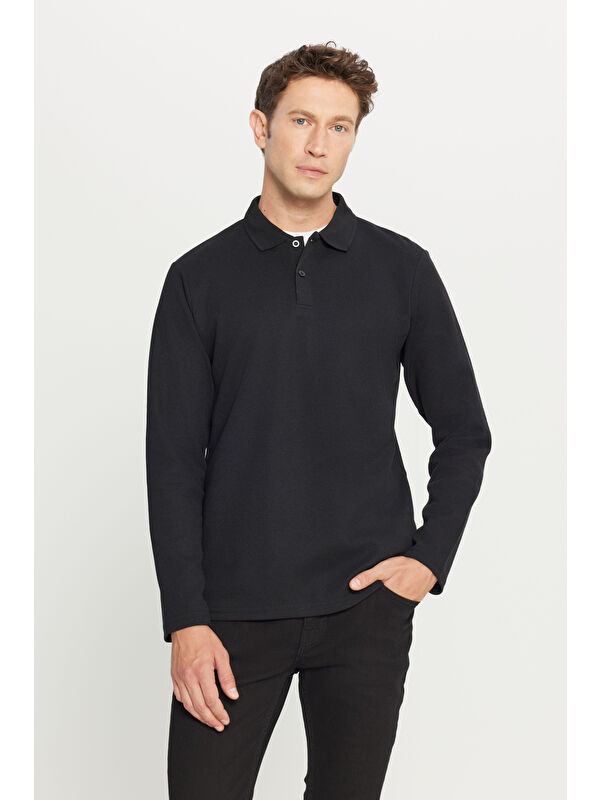 AC&Co / Altınyıldız Classics Erkek Siyah Pamuklu Standart Fit Normal Kesim Polo Yaka Sweatshirt