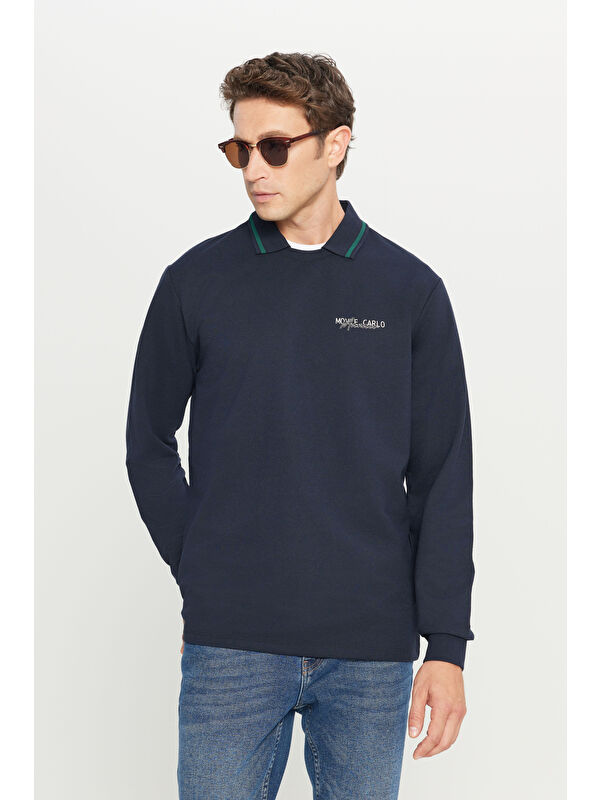 AC&Co / Altınyıldız Classics Erkek Lacivert 2 İplik Pamuklu Standart Fit Normal Kesim Polo Yaka Sweatshirt