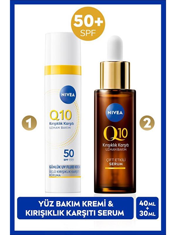 NIVEA Q10 SPF50 Güneş Koruyucu Yüz Bakım Kremi 40ml ve Kırışıklık Karşıtı Çift Etkili Cilt Serumu 30ml