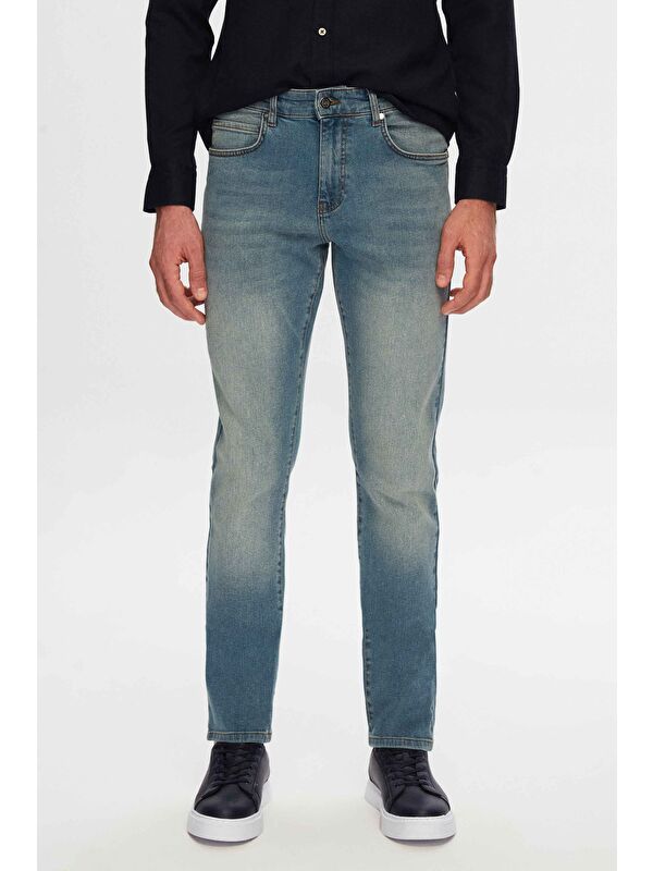 D'S damat Slim Fit Mavi Düz Jean Jean Beş Cepli Elastanlı Yıkamalı Denim Pantolon