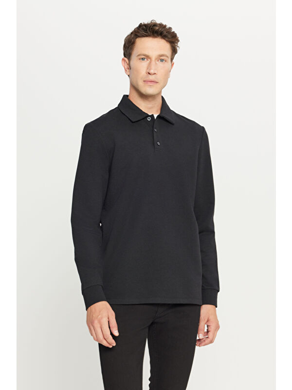 AC&Co / Altınyıldız Classics Erkek Siyah 2 İplik Pamuklu Standart Fit Normal Kesim Polo Yaka Sweatshirt
