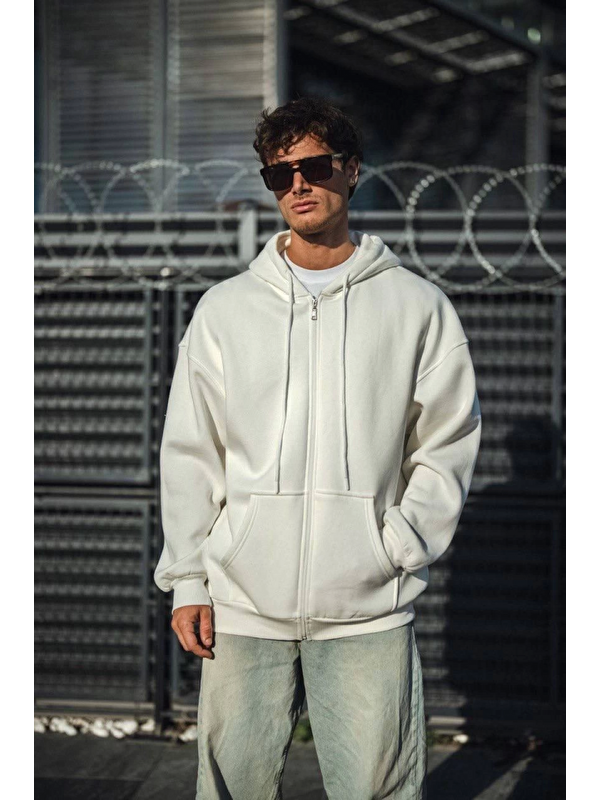 Jane's Oversize Tam Fermuarlı Uzun Kol Hırka - Beyaz