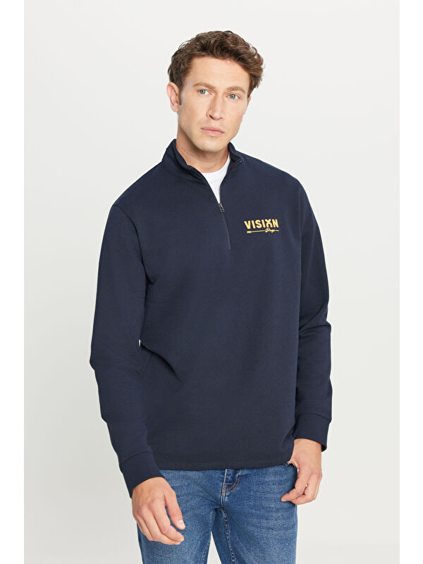 AC&Co / Altınyıldız Classics Erkek Lacivert 2 İplik Pamuklu Standart Fit Normal Kesim Bato Yaka Sweatshirt
