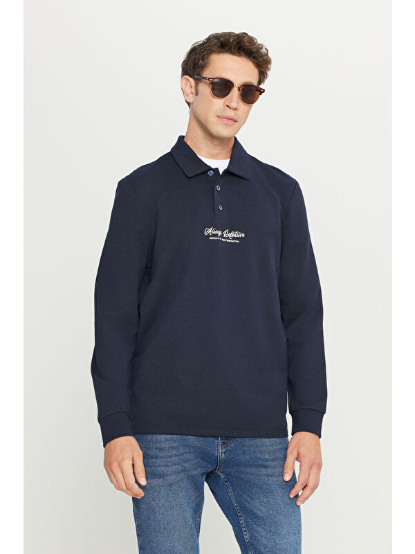 AC&Co / Altınyıldız Classics Erkek Lacivert 2 İplik Pamuklu Standart Fit Normal Kesim Polo Yaka Sweatshirt