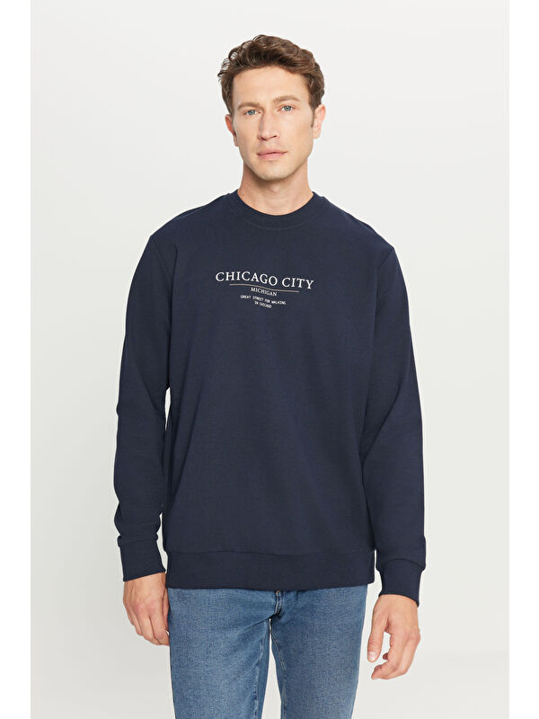 AC&Co / Altınyıldız Classics Erkek Lacivert 2 İplik Pamuklu Standart Fit Normal Kesim Bisiklet Yaka Sweatshirt
