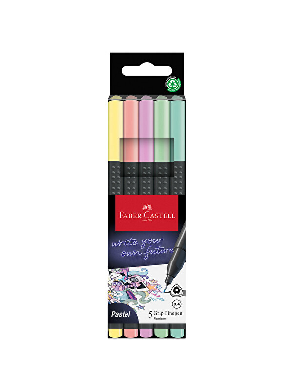 Faber-Castell Grip Finepen İnce Keçe Uçlu Kalem Seti, 5’li, Pastel Renkler, 0.4 mm Uç, Metal Destekli
