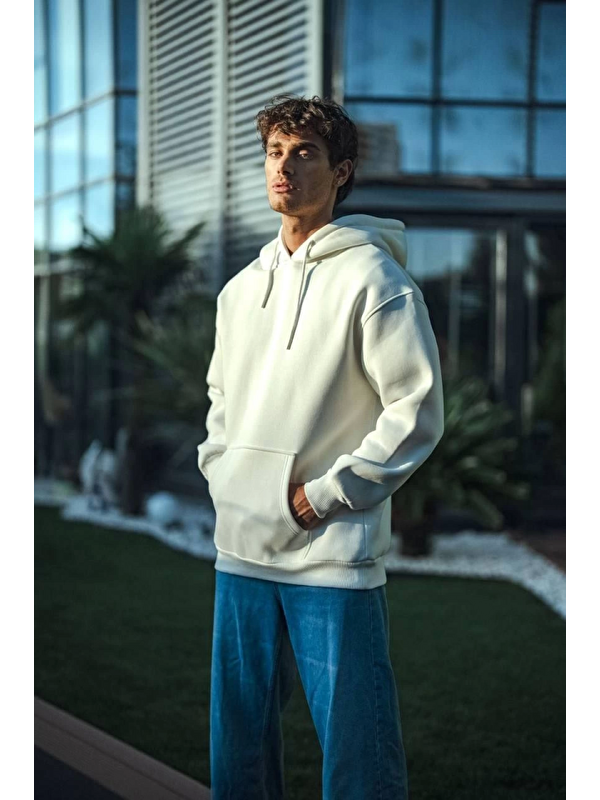 Jane's Üç İplik Penye Kapüşonlu Basic SweatShirt - Beyaz