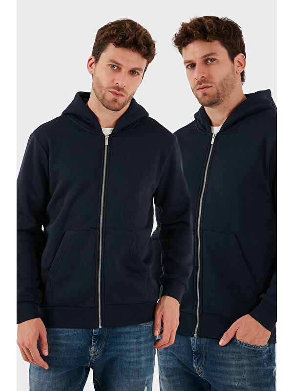 Buratti Regular Fit Kapüşonlu Kışlık 2'li Paket Erkek Polar Fermuarlı Sweatshirt Hırka 5905340S2
