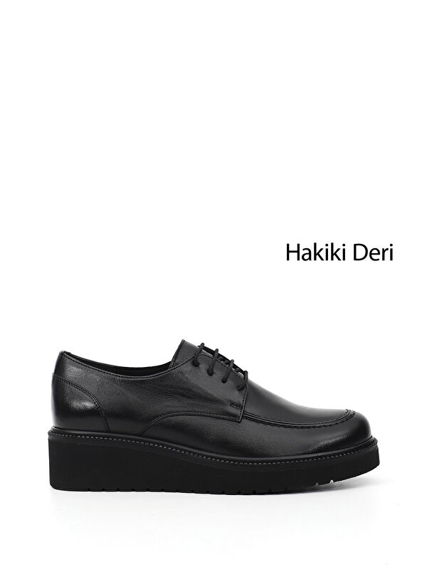GÖNDERİ(R) Kadın SİYAH Bağcıklı Dolgu Taban Hakiki Deri Ayakkabı