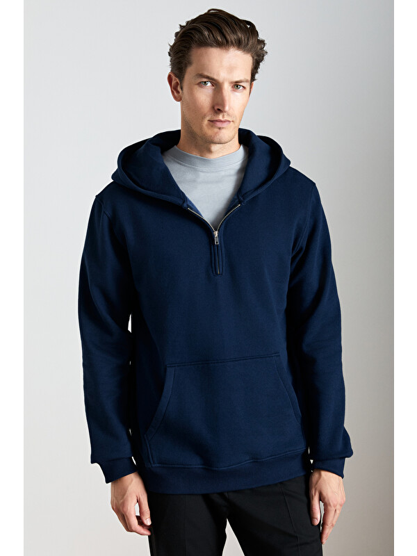 GRIMELANGE CANCELLED Erkek Pamuk Kapüşonlu Fermuarlı Yaka LACİVERT Sweatshirt