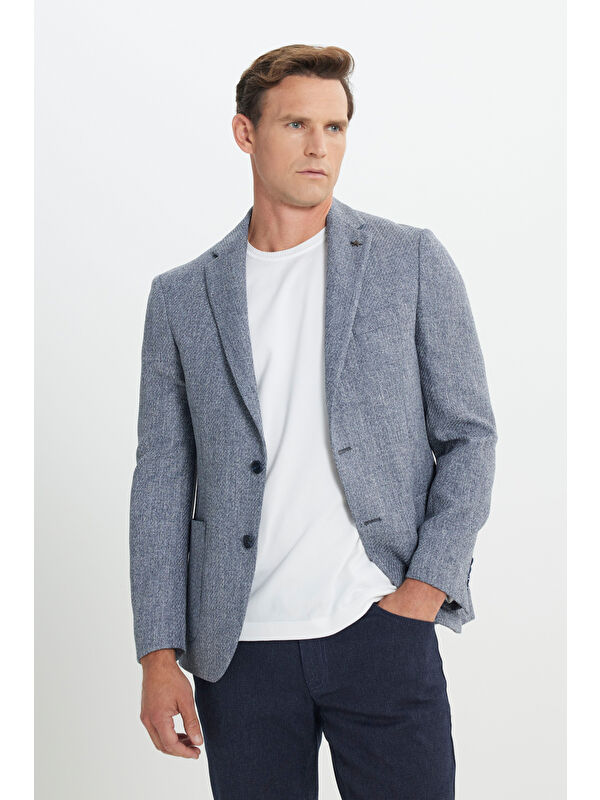 Altınyıldız Classics Erkek Lacivert Slim Fit Dar Kesim Mono Yaka Desenli Torba Cepli Ceket