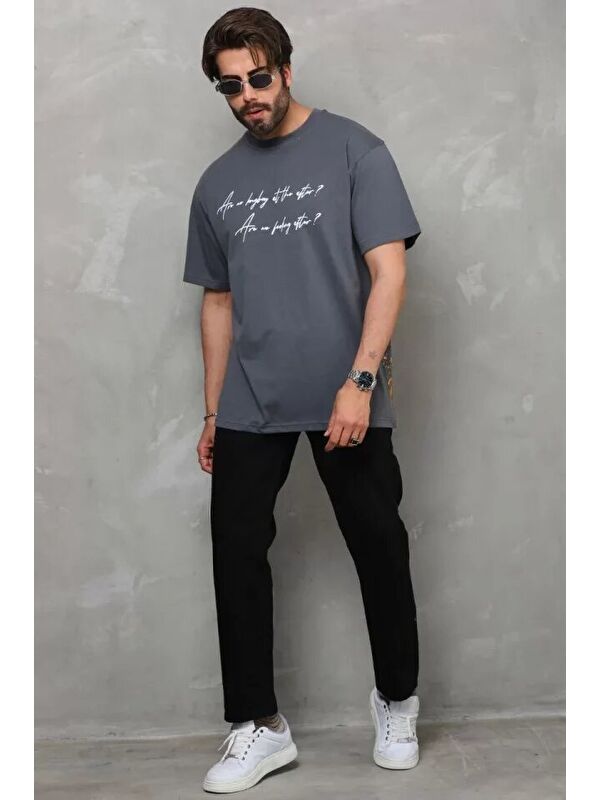 Jane's Unisex Bisiklet Yaka Baskılı Oversize T-Shirt - Füme
