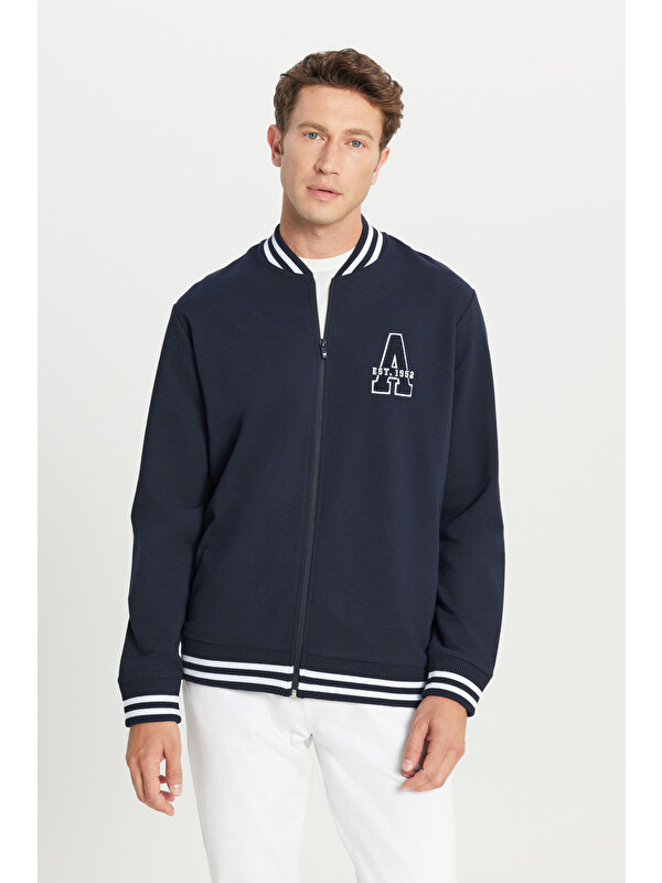 AC&Co / Altınyıldız Classics Erkek Lacivert Standart Fit Normal Kesim Fermuarlı Kolej Yaka Yan Cepli Ceket