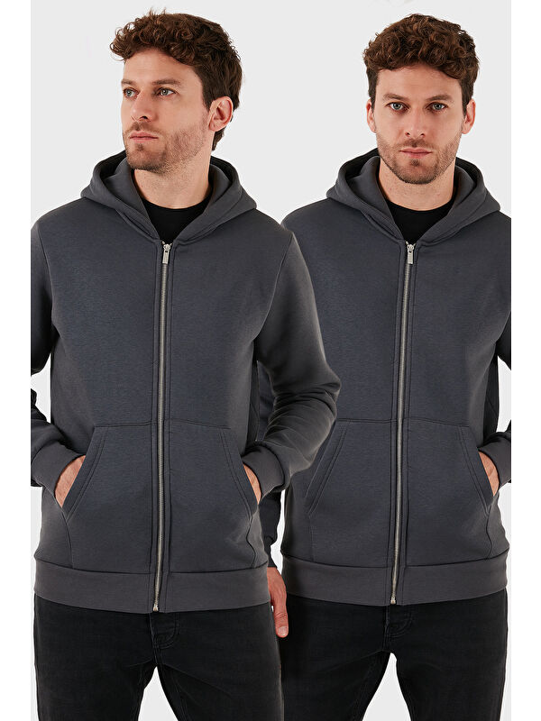Buratti Regular Fit Kapüşonlu Kışlık 2'li Paket Erkek Polar Fermuarlı Sweatshirt Hırka 5905340S2