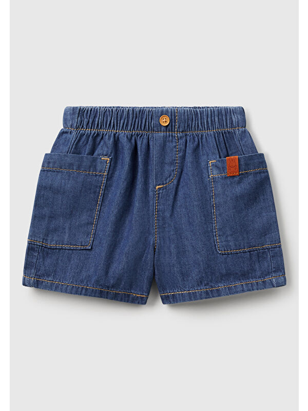 United Colors Of Benetton Bebek Koyu Denim Beli Lastikli Logo Düğmeli Yan Cepli Denim Şort