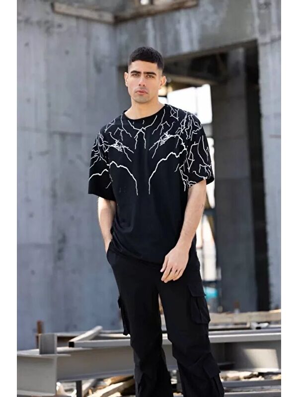 Jane's Unisex Bisiklet Yaka Baskılı Oversize T-Shirt - Siyah
