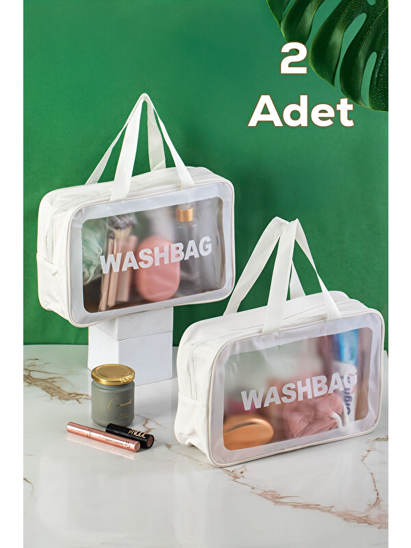 Porsima 3142-1 2li Şeffaf - Beyaz Seyahat ve Makyaj Çantası Su Geçirmez Organizer Washbag 20x30cm