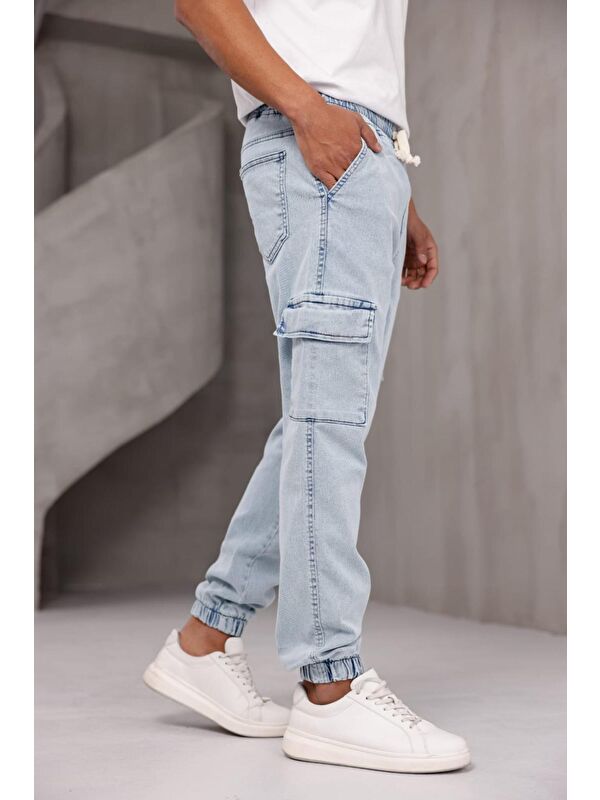 Oksit Dasser Paçası ve Beli Lastikli Slim Fit Elastanlı Jean Kargo Pantolon