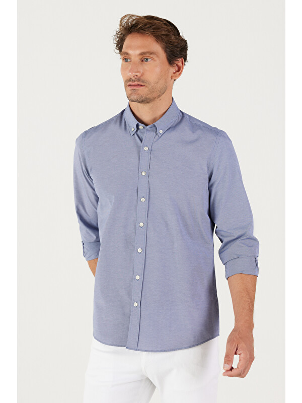 AC&Co / Altınyıldız Classics Erkek Lacivert Slim Fit Dar Kesim Oxford Düğmeli Yaka Pötikareli Pamuklu Gömlek