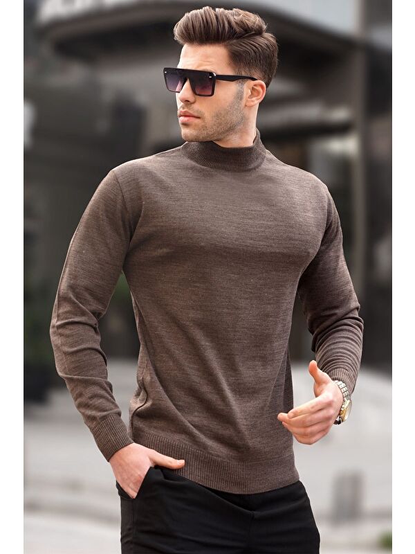 Madmext Acı Kahve Slim Fit Yarım Balıkçı Yaka Erkek Triko Kazak 6343
