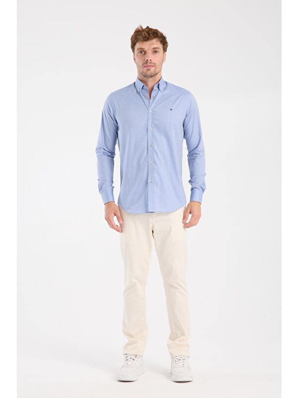 ABBATE Aclub Ac10104 Twill Pamuklu Slim Fit Koyu Mavi Düğmeli Yaka Erkek Düz Gömlek