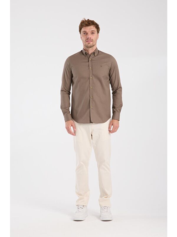 ABBATE Aclub Ac10103 Twill Pamuklu Slim Fit Kahverengi Düğmeli Yaka Erkek Düz Gömlek