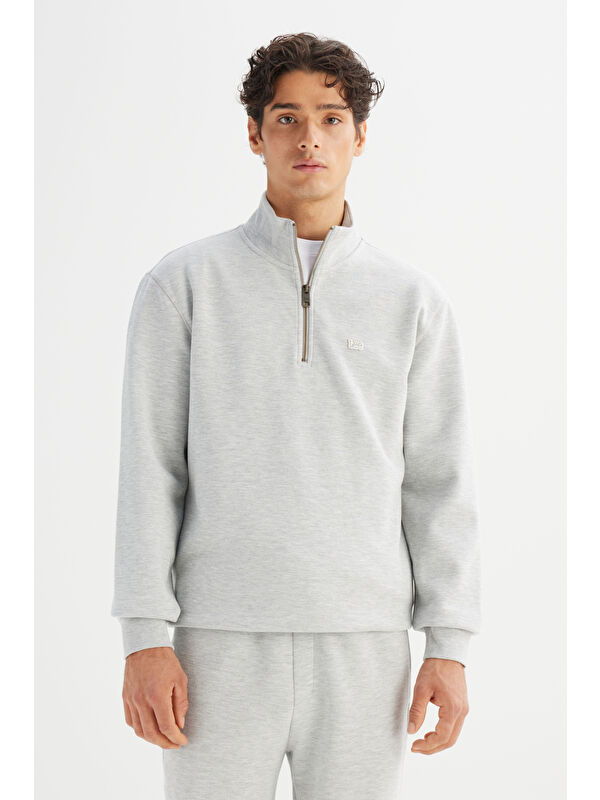 Lee Regular Fit Normal Kesim Kapüşonlu Fermuar Detaylı Gri Melanj Sweatshirt