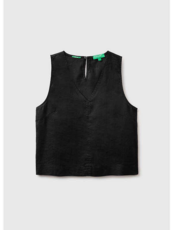 United Colors Of Benetton Kadın Siyah %100 Keten V Yaka Bluz