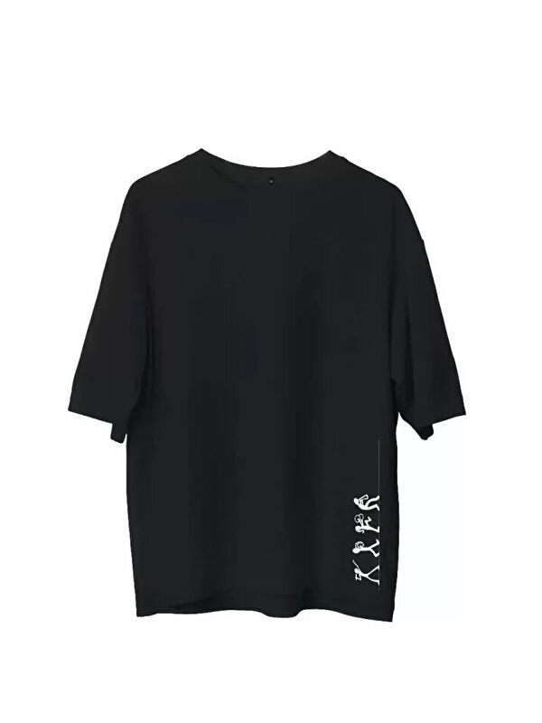 Jane's Unisex Bisiklet Yaka Baskılı Oversize T-Shirt - Siyah