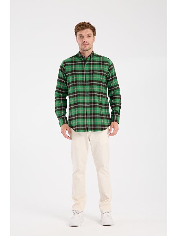 ABBATE Aclub Ac10101 Flanel Pamuklu Regular Fit Yeşil Düğmeli Yaka Erkek Kareli Gömlek