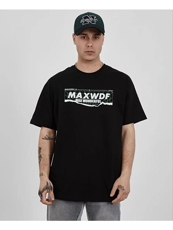 Jane's Unisex Bisiklet Yaka Baskılı Oversize T-Shirt - Siyah