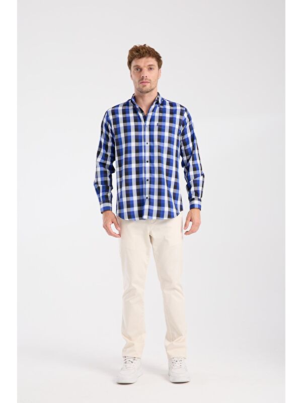 ABBATE Aclub Ac10100 Twill Pamuk Karışımlı Regular Fit Lacivert Düğmeli Yaka Erkek Kareli Gömlek