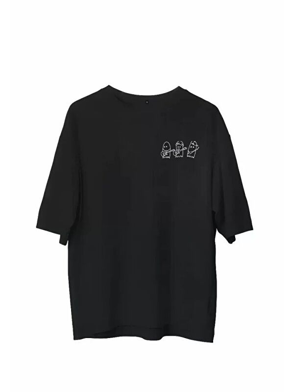Jane's Unisex Bisiklet Yaka Baskılı Oversize T-Shirt - Siyah