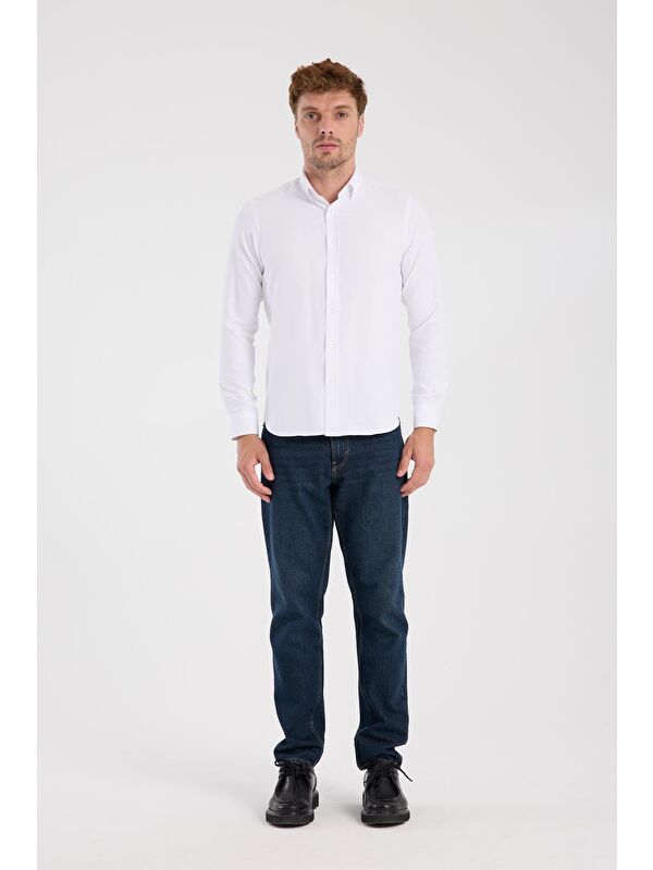 ABBATE Aclub Ac10093 Oxford Pamuklu Slim Fit Beyaz Düğmeli Yaka Erkek Düz Gömlek