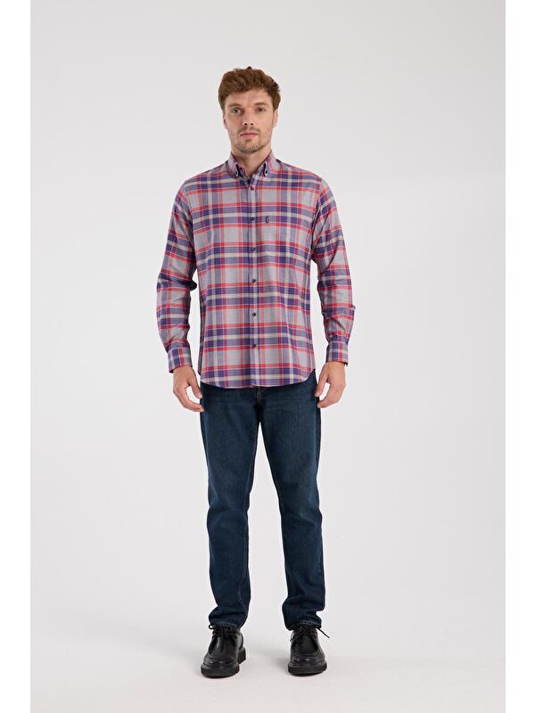 ABBATE Aclub Ac10098 Twill Pamuklu Regular Fit Gri Düğmeli Yaka Erkek Kareli Gömlek