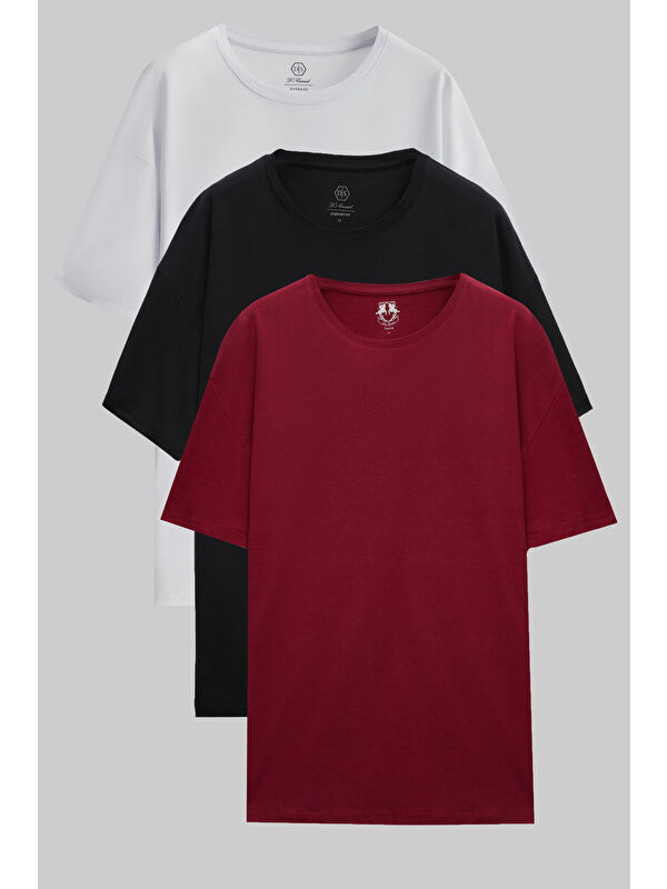 D'S damat Comfort Beyaz/Bordo/Siyah 3'Lü Bol Kesim %100 Pamuk Tişört