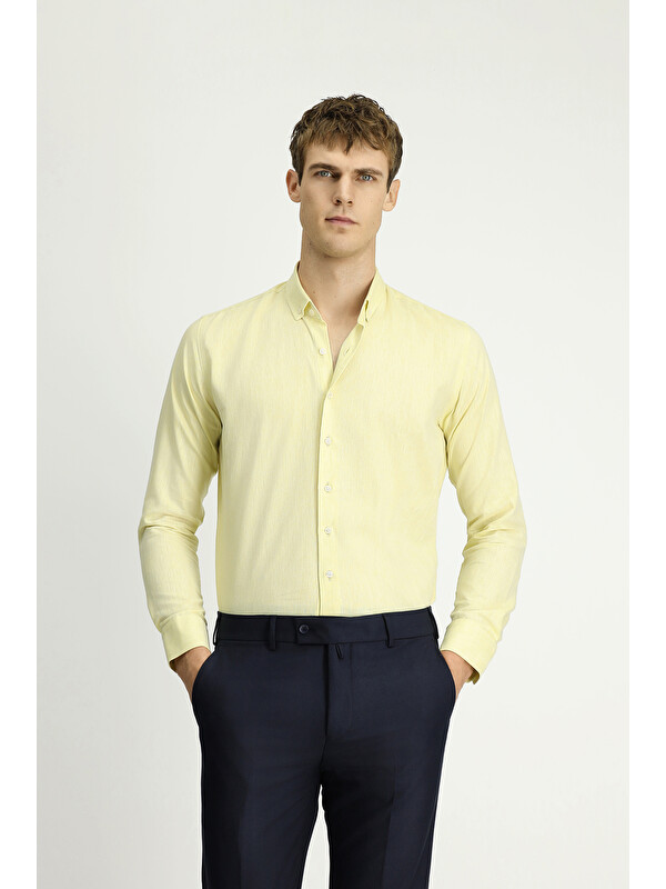Kiğılı Uzun Kol Slim Fit Dar Kesim Pamuklu Keten Düğmeli Yaka Gömlek