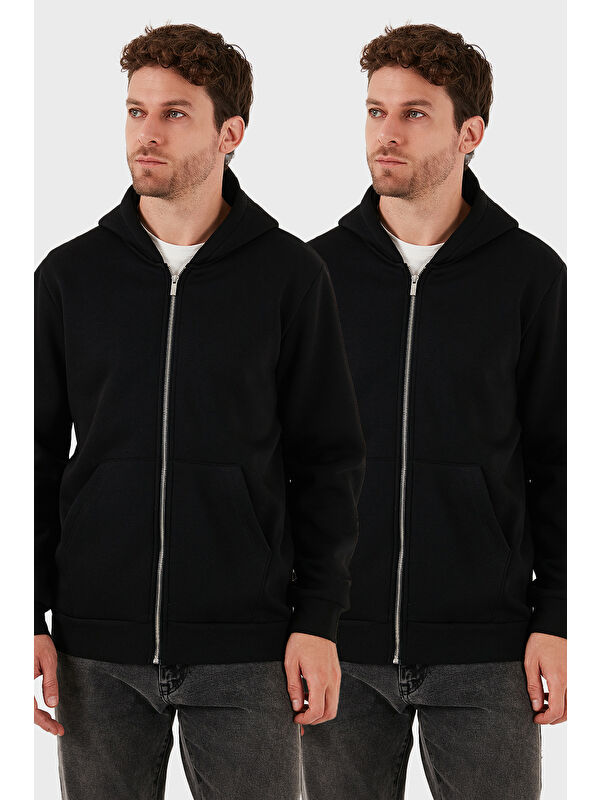 Buratti Regular Fit Kapüşonlu Kışlık 2'li Paket Erkek Polar Fermuarlı Sweatshirt Hırka 5905340S2