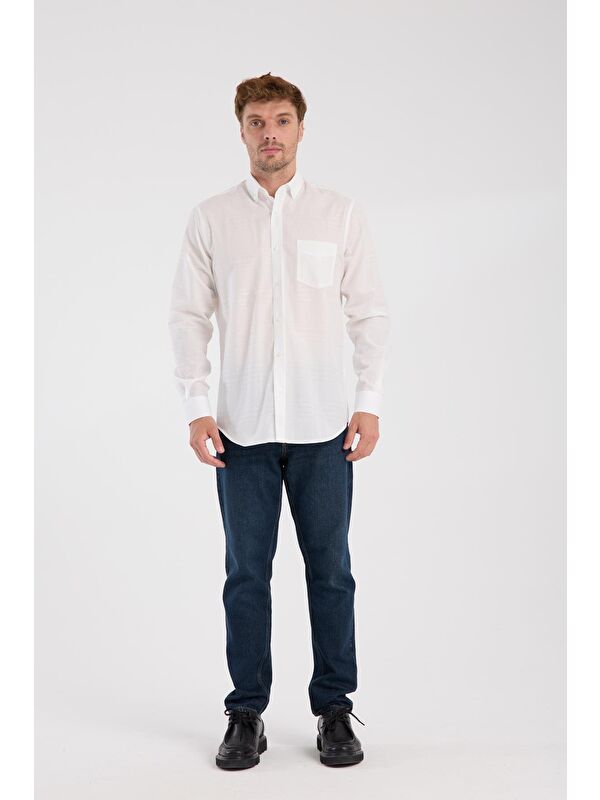 ABBATE Aclub Ac10092 Poplin Pamuklu Regular Fit Beyaz Düğmeli Yaka Erkek Kareli Gömlek