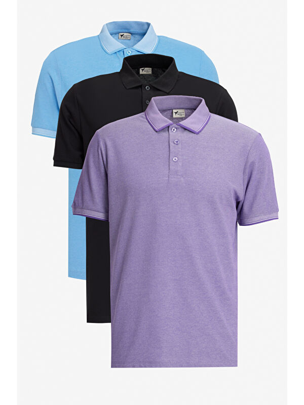AC&Co / Altınyıldız Classics Erkek SIYAH-MAVI-MOR BEYAZ Slim Fit Dar Kesim 3 'lü Kıvrılmaz Polo Yaka Tişört